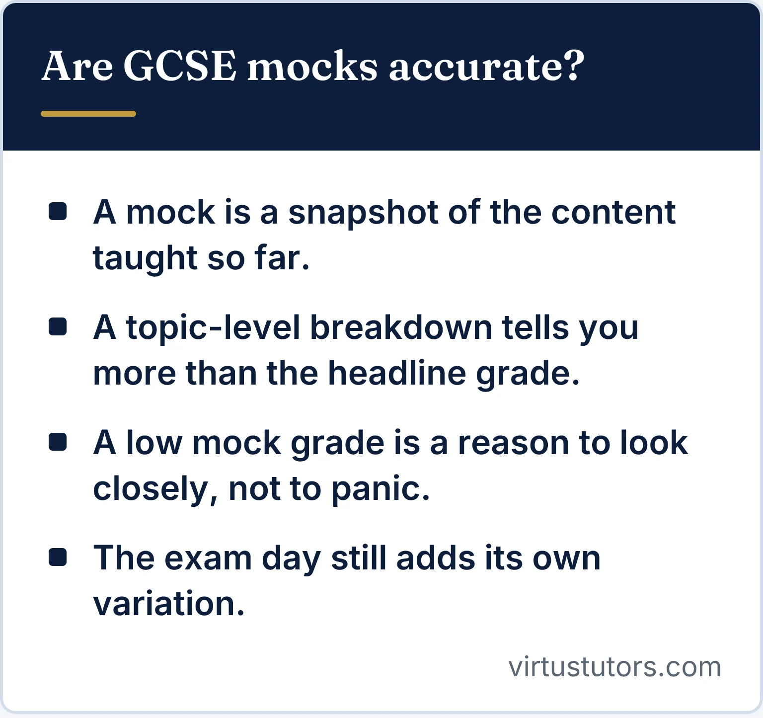 Key points: a mock is a snapshot of the content taught so far; a topic-level breakdown tells you more than the headline grade; a low mock grade is a reason to look closely, not to panic; the exam day still adds its own variation.