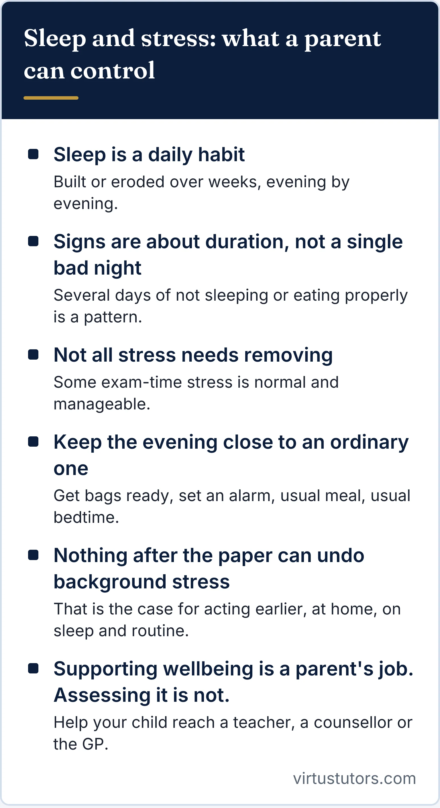 A summary card of the article's main points: sleep as a daily habit, judging signs by how long they last, keeping some stress normal, a calm night before, acting early at home, and when to involve a teacher, counsellor or GP.